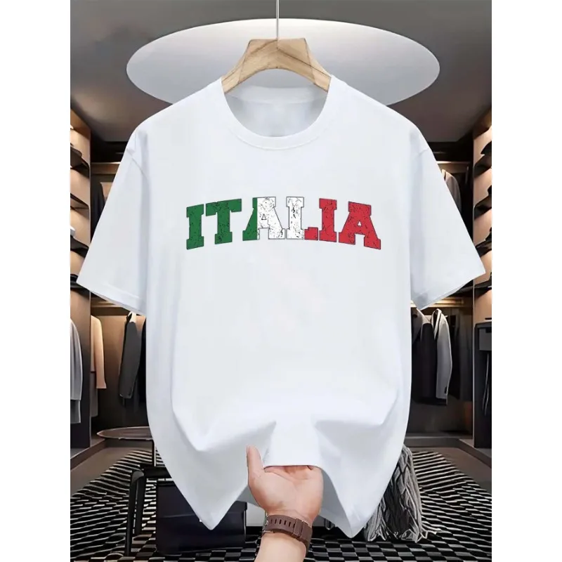 

Men's Summer Tshirt Fashionable Casual Loose Fit Plus ITALIA Letter Printed Sports Round Neck Short Sleeved Tshirt Top Summer