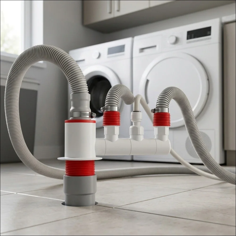 4-Function Drain Connector Allowing Concurrent Drainage from For Sink Washing Machine Dryer and Robotic Floor Cleaner