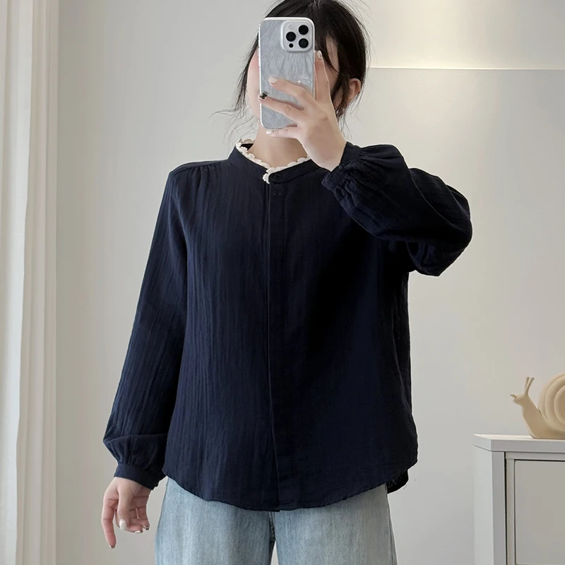 New Spring And Autumn Lace Stand-up Collar Cotton Tops Women Clothing Long-sleeved Solid Color Female Shirts & Blouses U111
