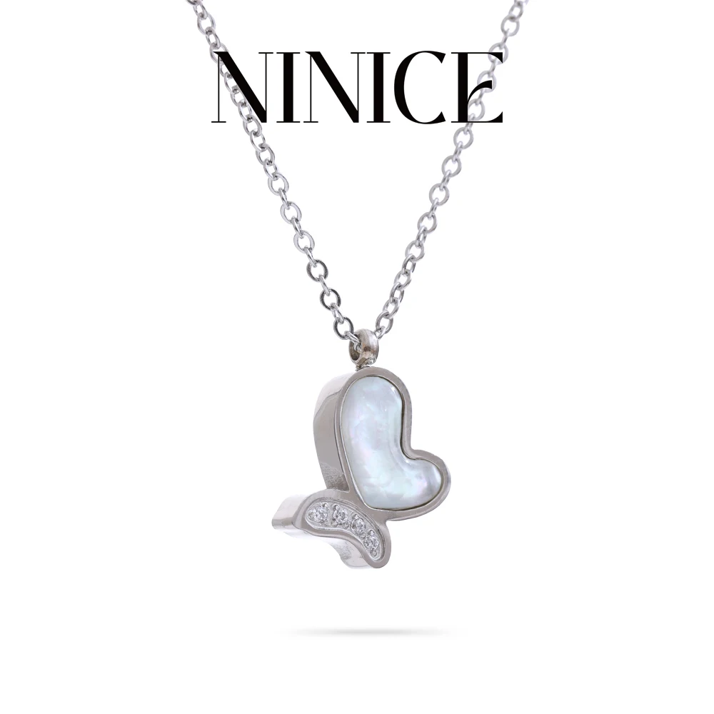 

NiNice Fashion Natural Shell CZ Butterfly Pendant Necklace for Women Temperament Stainless Steel Premium Jewelry Gift