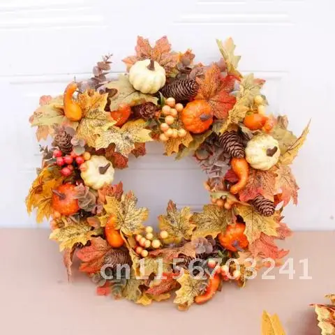 

Fall Theme Artificial Pumpkin Berries Pine Cone Maple Manmade Garland Cloth Rattan Material Door Wreath Home Decoration