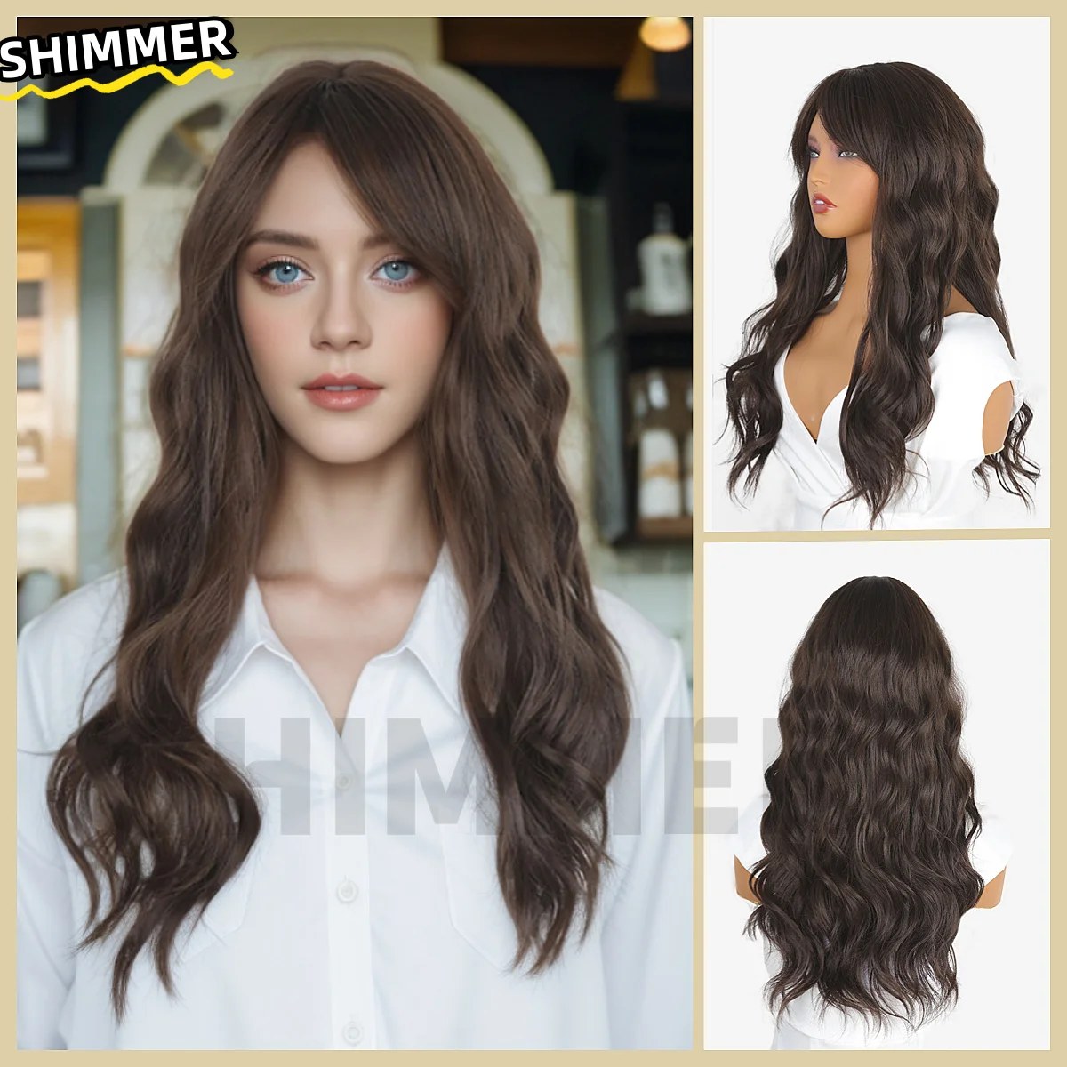 Brown wig long hair wavy curls everyday elegant wig, high temperature wire can be dyed or permed, suitable for parties