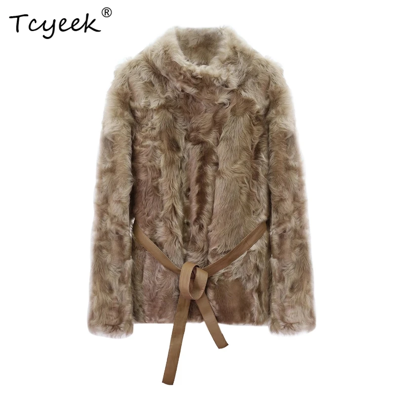 Tcyeek Genuino Lana Autunno Inverno High End Alla Moda Risvolto di Colore Solido delle Donne di Lana di Agnello Shearling Cappotto di Pelliccia Fourrures Femme