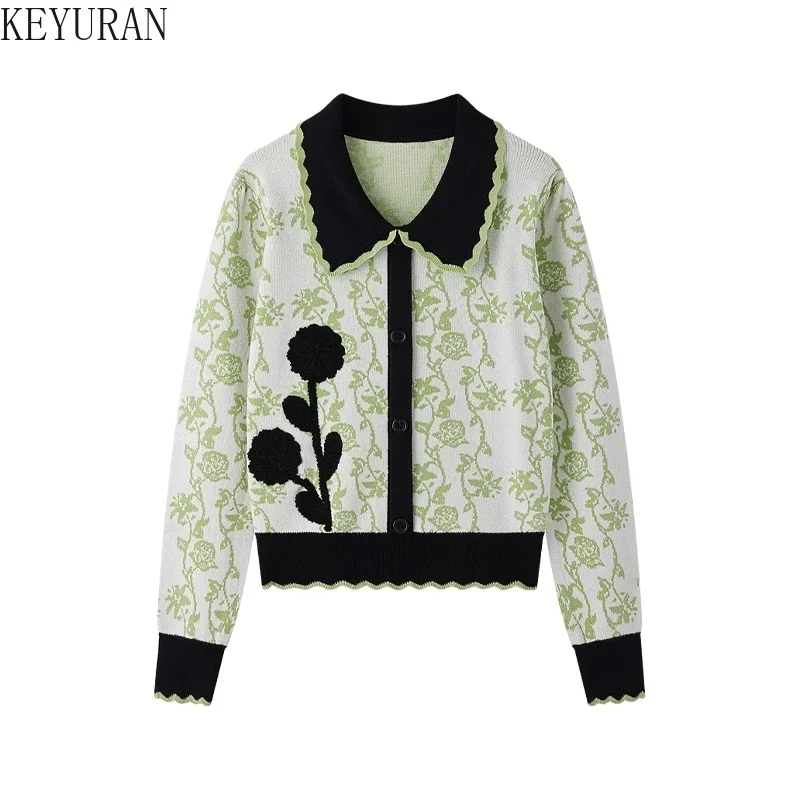 

2025 New Autumn Vintage Flower Jacquard Sweater Women Polo Collar Slim Fit Stylish Contrast Color Long Sleeve Knitted Crop Tops