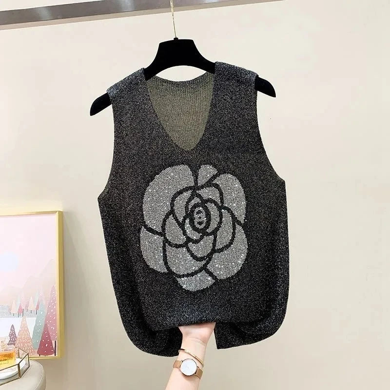 Hot Drilling Ice Silk Camisole for Women\'s Summer New Knitting Bright Silk Backing Loose Cami Casual Print  Vest Tops Female