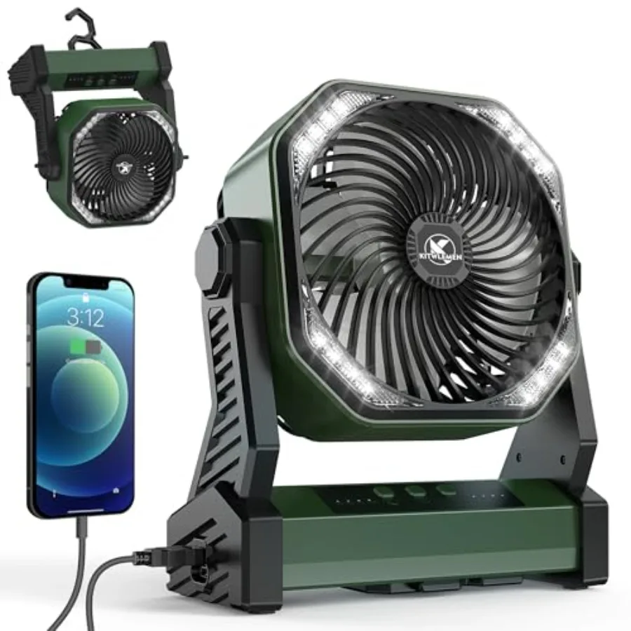

Camping fan with 20000mAh battery, black ABS plastic, 58H runtime, 4-speed cooling, bright light hanging hook for outdoor, tent