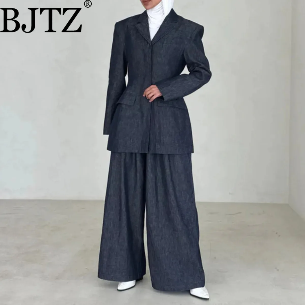 

BJTZ 2025 Fashion Denim Set For Women Designer Loose Hidden Button Jacket+ Loose Wide Leg Pants Trendy Female Two Piece Sets
