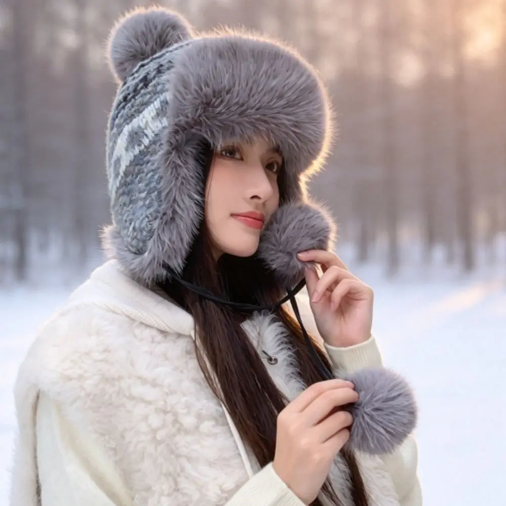 Stylish Polyester Knitted Trapper Hat Pom Poms 55-58cm Head Circumference Ushanka Hat Fair Isle Ear Flap Hat Outdoor Activities