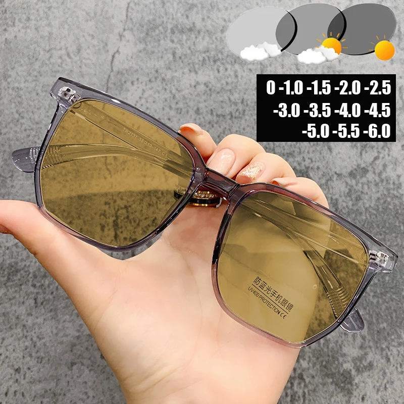

Square Anti-Blue Light Color Changing Minus Glasses Fashion Retro Computer Gaming Eye Protection Myopia Eyeglasses with Diopter