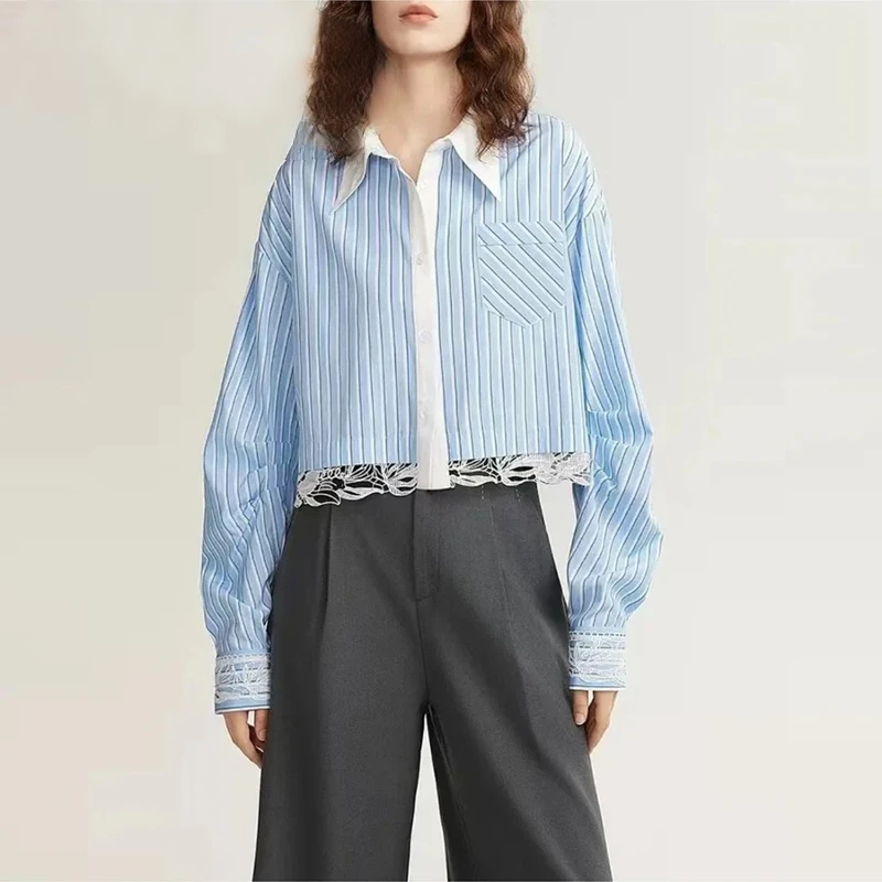 

Hit Color Slimming Spliced Striped Shirts for Women Lapel Long Sleeves Patchwork Lace Temperament Shirt Female New
