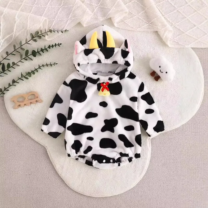 

Baby Boy Girl Clothes Halloween Cow Cosplay Costume Fleece Romper Lovely Animal Infant Jumpsuit Kawaii Holiday Party Dress Up