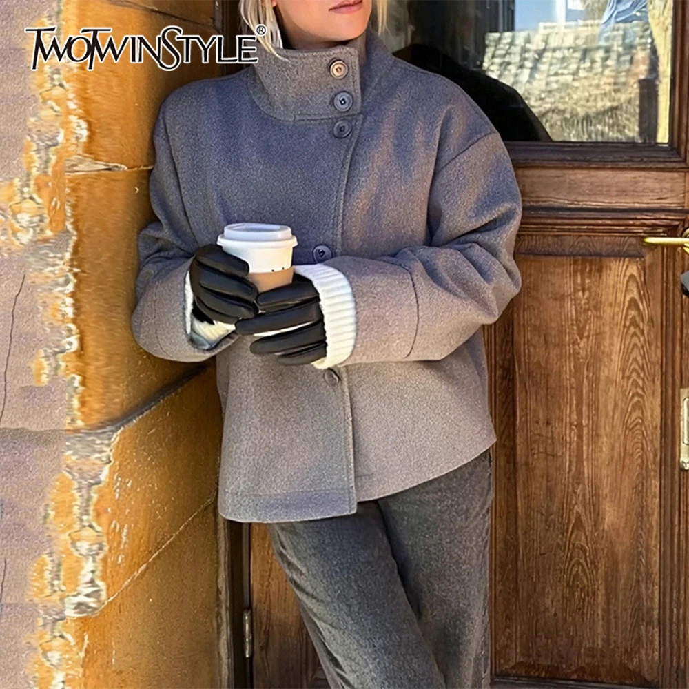 

TWOTWINSTYLE French Casual Woolen Coat for Women Stand Collar Long Sleeve Patchwork Single Breasted Jacket Female Autumn Fashion
