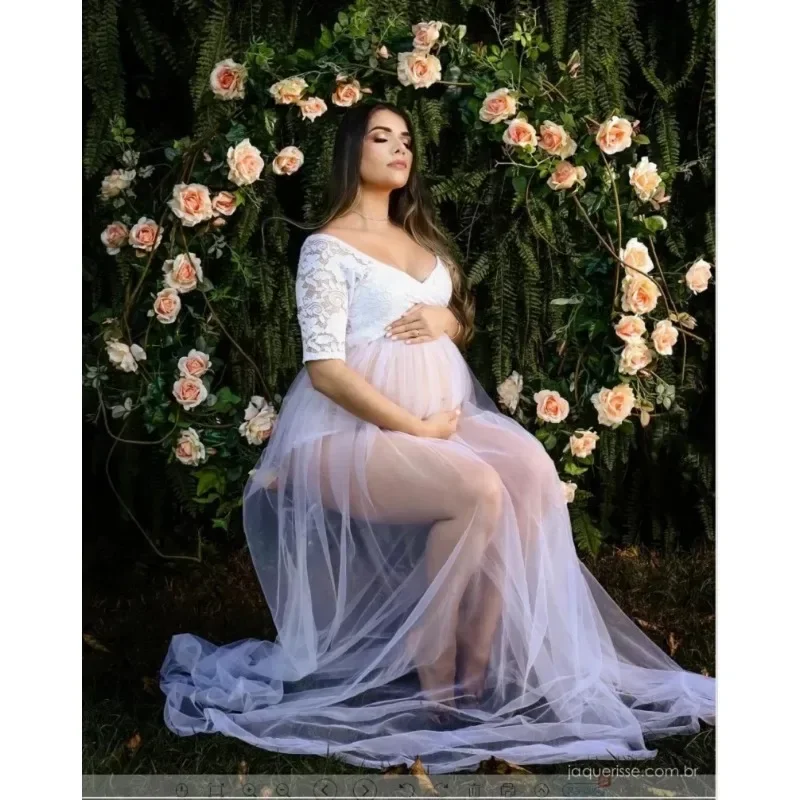 Lace Off Shoulder Maternity Dress For Photoshoot Split Front A-line Skirt See Through Pregnancy Maxi Gown for Baby Shower