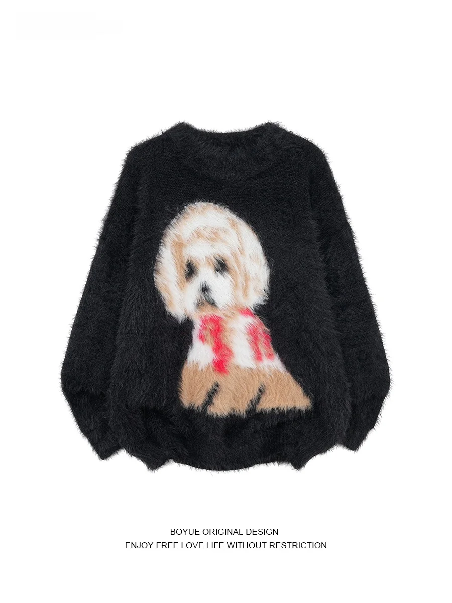 

Boyue Japanese Cartoon Dog Sweater Loose Mink Knitwear ex Lazy Sle Long Sve round Ne Casual Top for Teens
