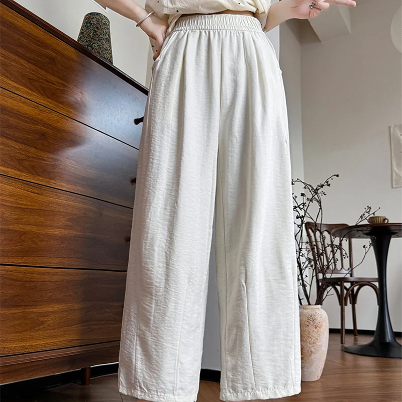 

Summer Casual Loose Wide-Leg Pants for Women Ice Silk Pleated Pants Woman Comfortable Outdoor Solid Women Capris