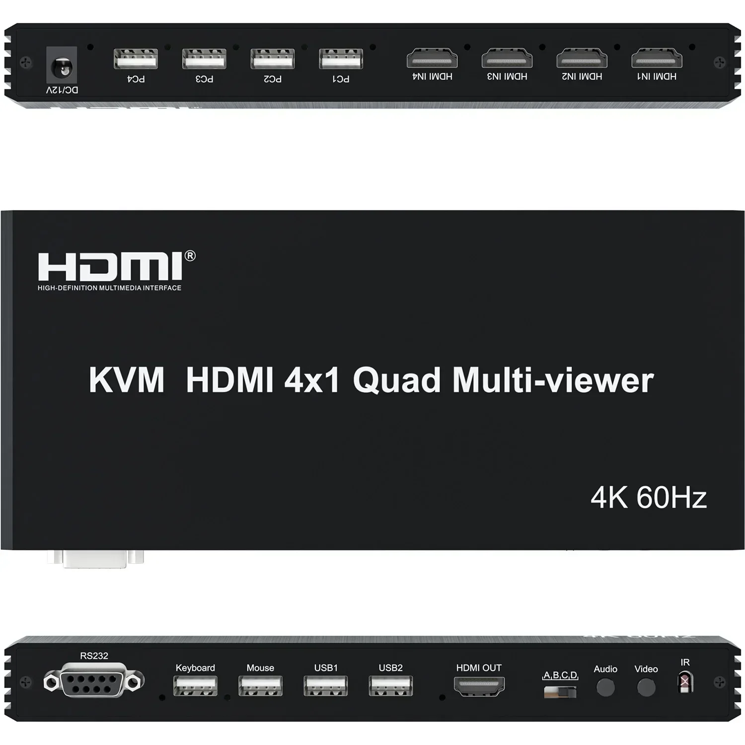 4K 60Hz KVM 4x1 HDMI Quad Multiviewer PIP 90° 180° Flip for 4 PCs Share USB Keyboard and Mouse Control Mouse Through 4 Laptops