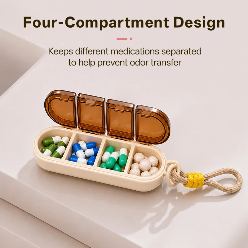 Mini Portable Lanyard-Style Pills Organizer Case 4 Grids with Silicone Seals for Water and Moisture Resistance Individual
