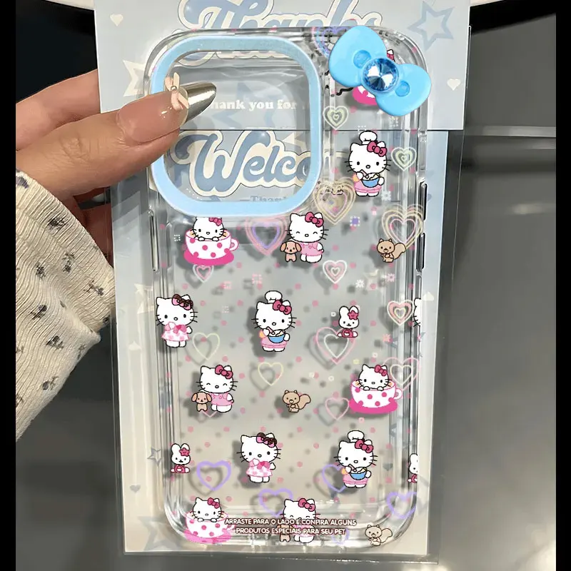 Sanrio Hello Kitty Bow Love KT Wave Point Phone Case For iPhone 16 15 14 13 12 11 Pro Max XR XS MAX 7 8 Plus Y2K Kawaii Cover