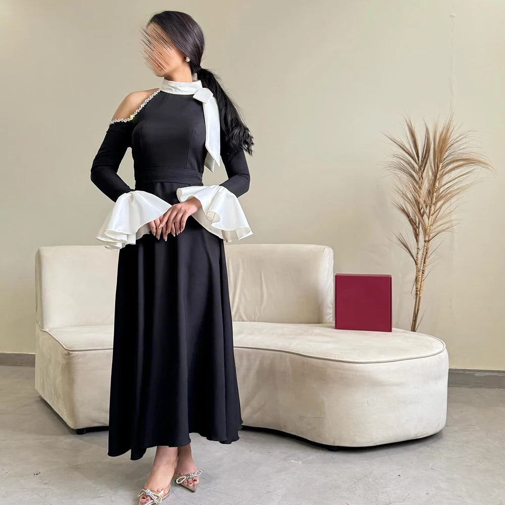 

Customized Black O-neck Jersey Formal Evening Dress Draped Contrast Color Full Sleeves Party Gown Ankle Length Prom Dress