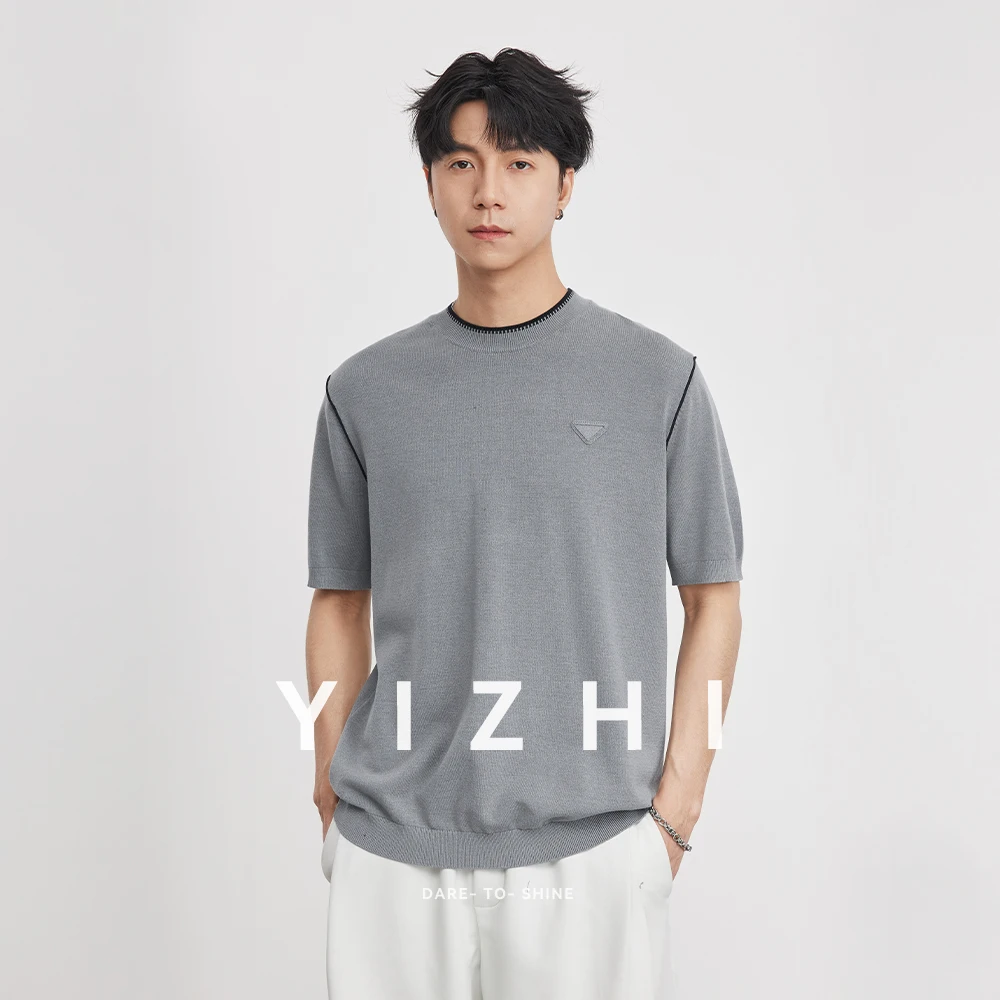 

Men's Heavyweight 220g Simple Color-Block Crew Neck Ice-Sense 14-Knit Short Sleeve Summer Loose Drop Shoulder Slim Fit T-Shirt