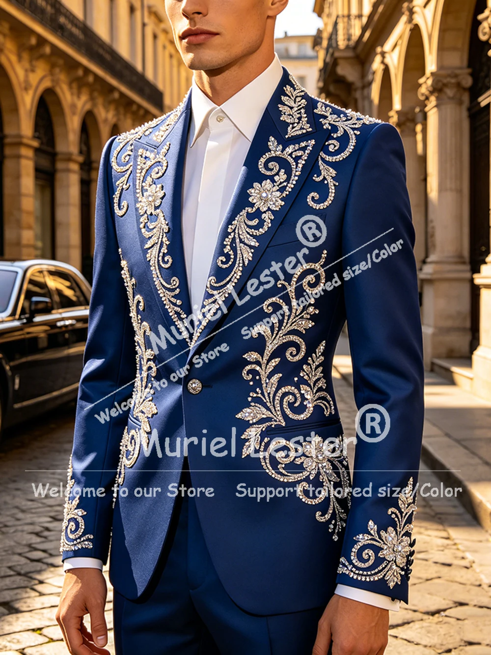 

Glittering Jewelry Stones Wedding Suits For Groom Single Breasted Jacket Pants 2 Piece Sets Man Business Party Tuxedo Attire