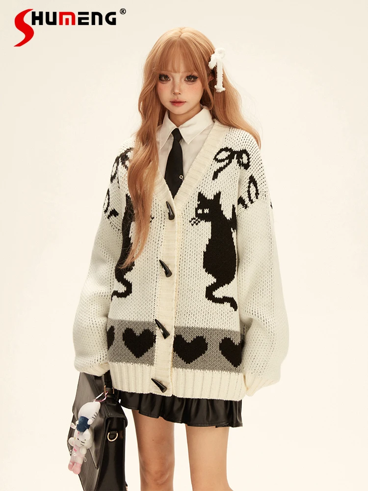 

Japanese Sweet Cute Y2K Tops V-neck Long Sleeve Horn Buckle Single-breasted Loose Casual Knitted Sweater Cardigan Women Winter