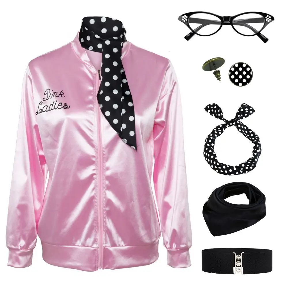 Roze Dames Grease Cosplay Kostuum Volwassen Retro Jas Fancy Cheerleader Vermomming Voor Vrouwen Herfst Jas Halloween Carnaval Pak