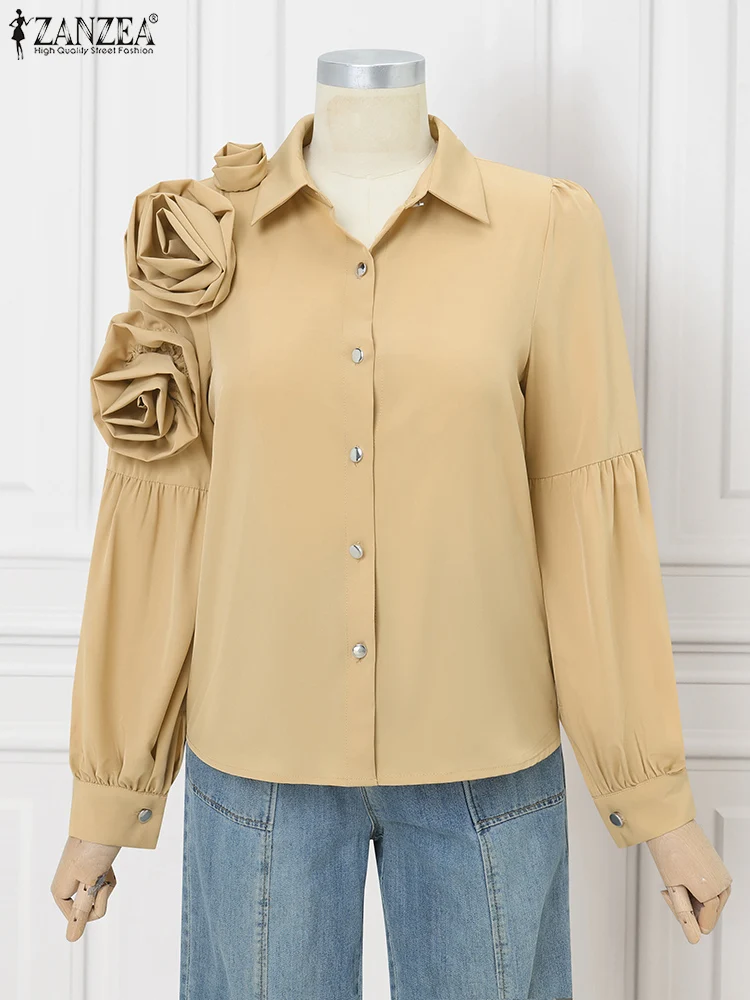 ZANZEA-camisas elegantes para mujer, blusa larga transparente, Tops de flores con decoración de verano 2021, Túnica de trabajo OL a la moda, Blusas holgadas informales sólidas