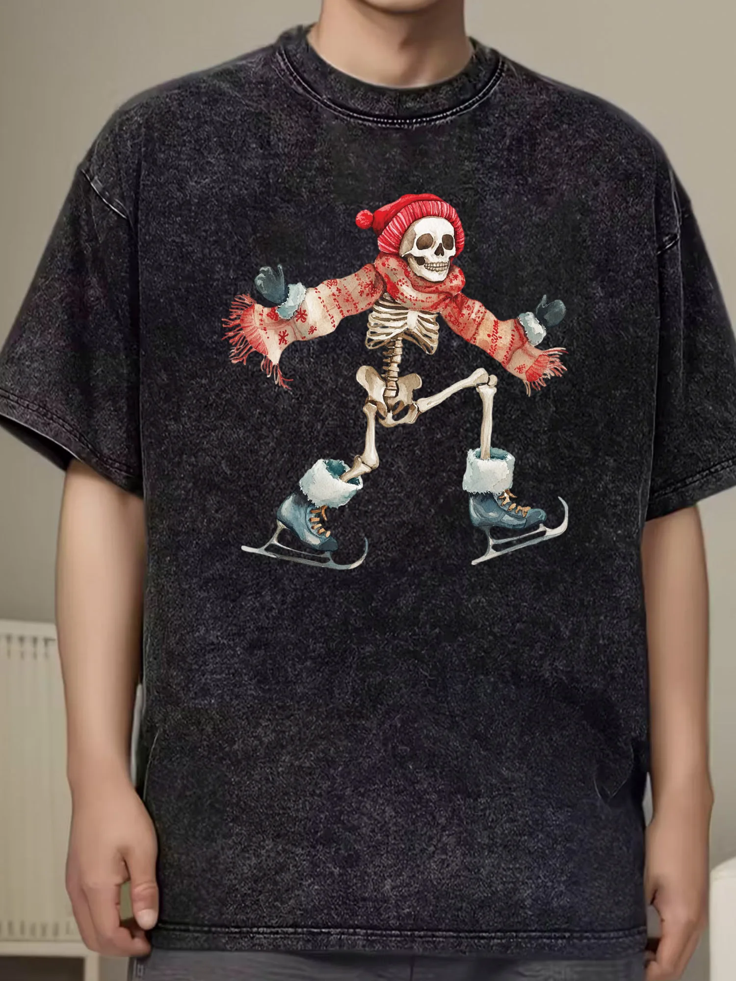 

Мужская хлопковая футболка большого размера для катания на коньках со скелетом, футболка с потертым рисунком, винтажная уличная футболка на лето