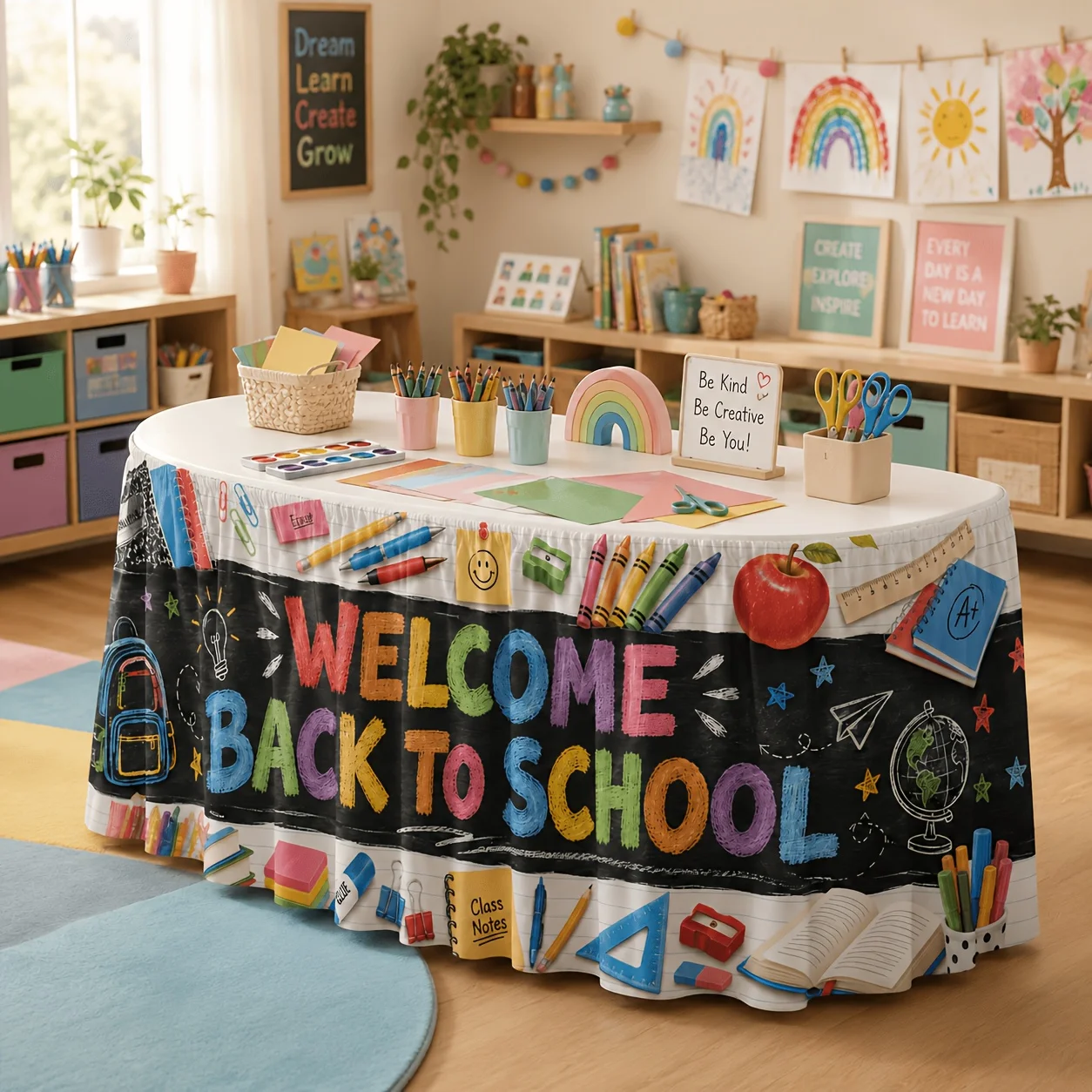 Table skirt, Back-to-School season, Black chalkboard stationery, Apple Earth backpack, printed design, polyester material.xzj