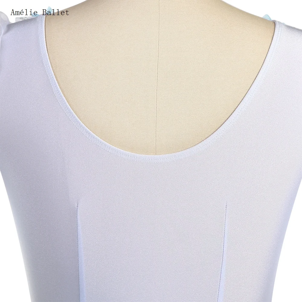 23150 Tiulowe spódniczki baletowe z bufiastymi rękawami dla dziewczynek, biały spódniczka baletowa z elastycznego materiału spandex z niebieską wstążką w talii, romantyczna spódniczka tutu.