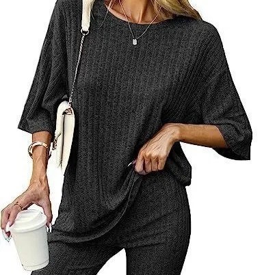 

Summer Women's Clothing Ribbed Knit Pajama Set Lounge Wear Batwing Sleeve Cropped Pants Tribal Vacation Style Corduroy Fabric