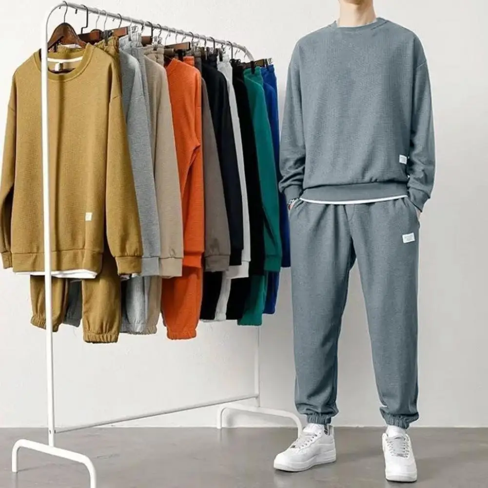 Men Casual Sport Suit Spring Autumn Sweatshirt Pants Set Sports Suit with Waffle Texture Sweatshirt Jogger Pants Set Streetwear