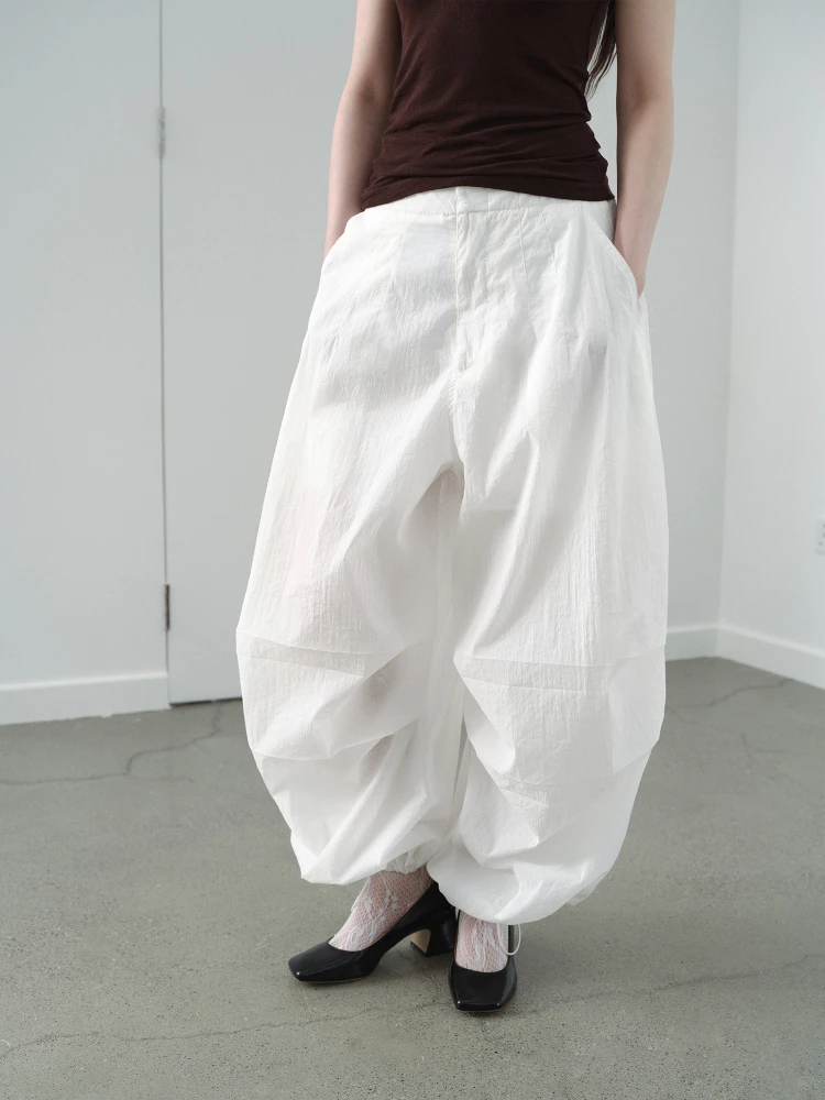 Vermo Sporty Folded Knee Textured Comfortable Anti-Wrinkle Loose Fit Leggings Casual Pants Translucent Nylon Lycra