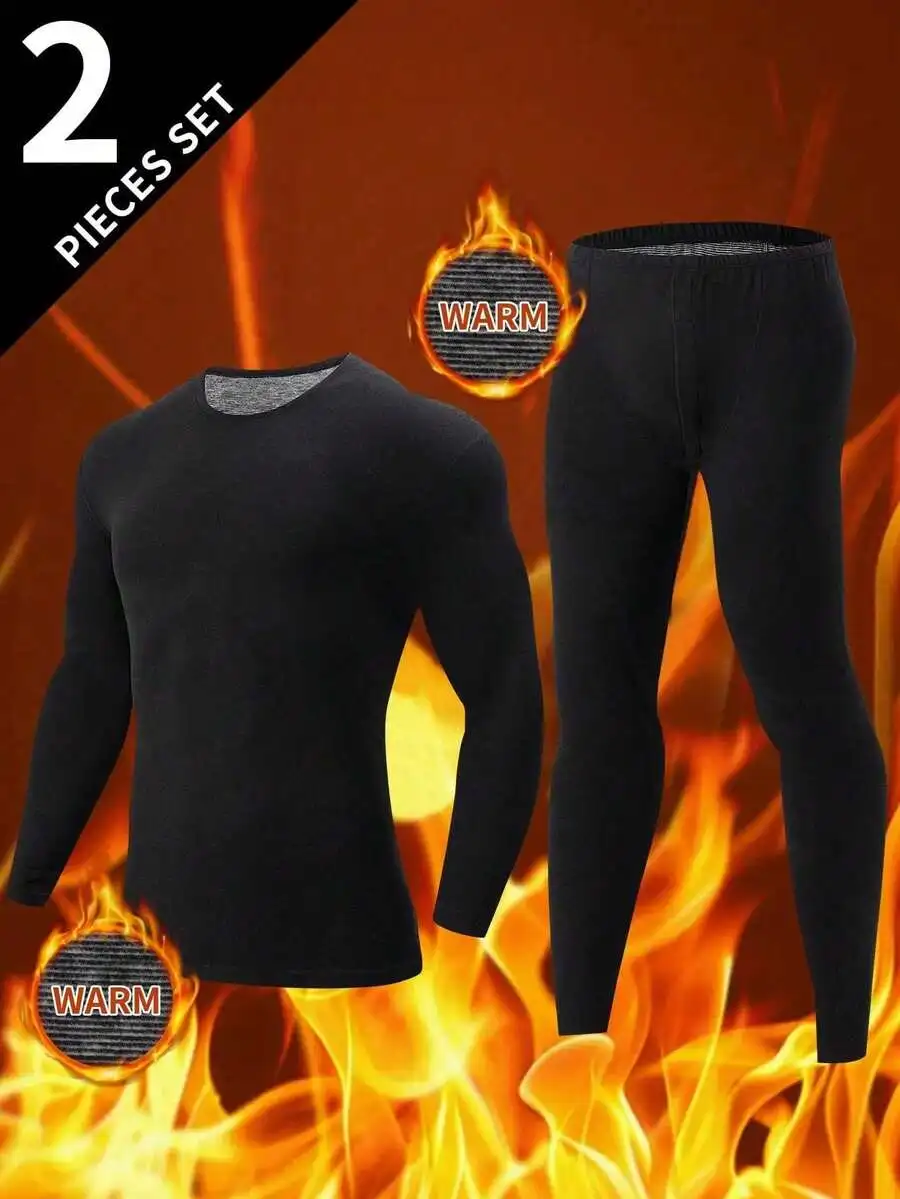 

2-Piece Men's Thermal Base Layer Set - Black Long Sleeve Top & Pants