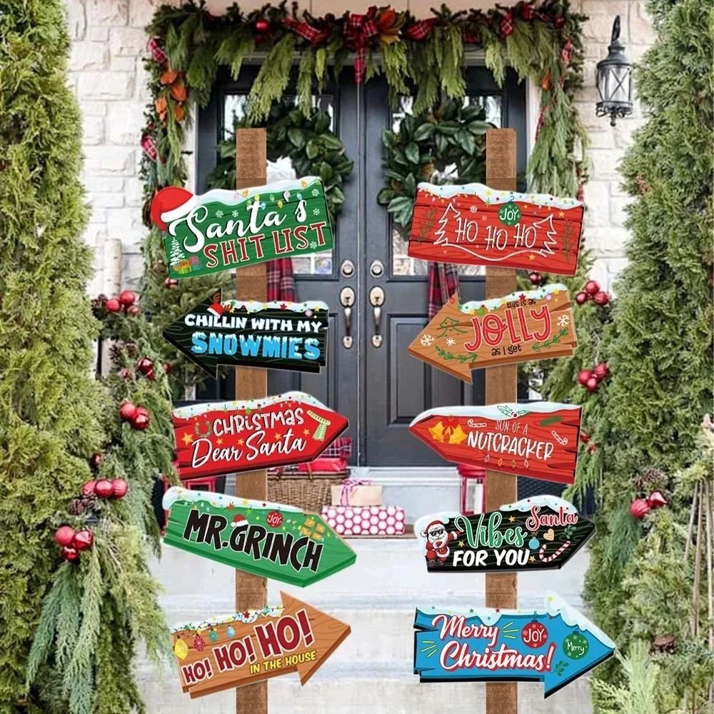 10PCS New Year Cartoon Directional Signs Paper DIY Road Sign Set Xmas Tree Hanging Pendents Christmas Decoration