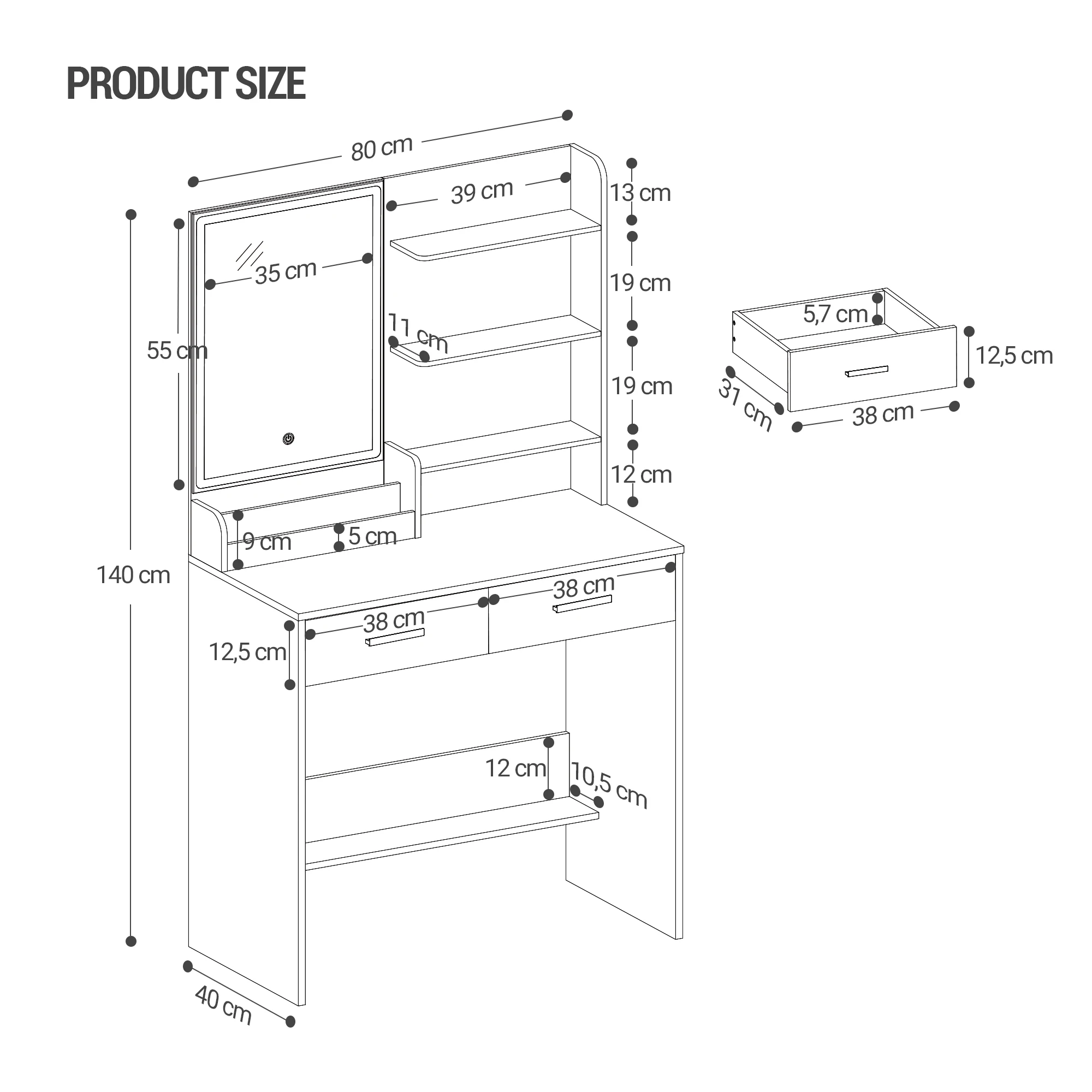 طاولة تزيين هزوانري مع ضوء LED، 2 منافذ تيار متردد و2 USB، مع درجين و4 مقصورات مفتوحة، لغرفة النوم وغرفة المعيشة