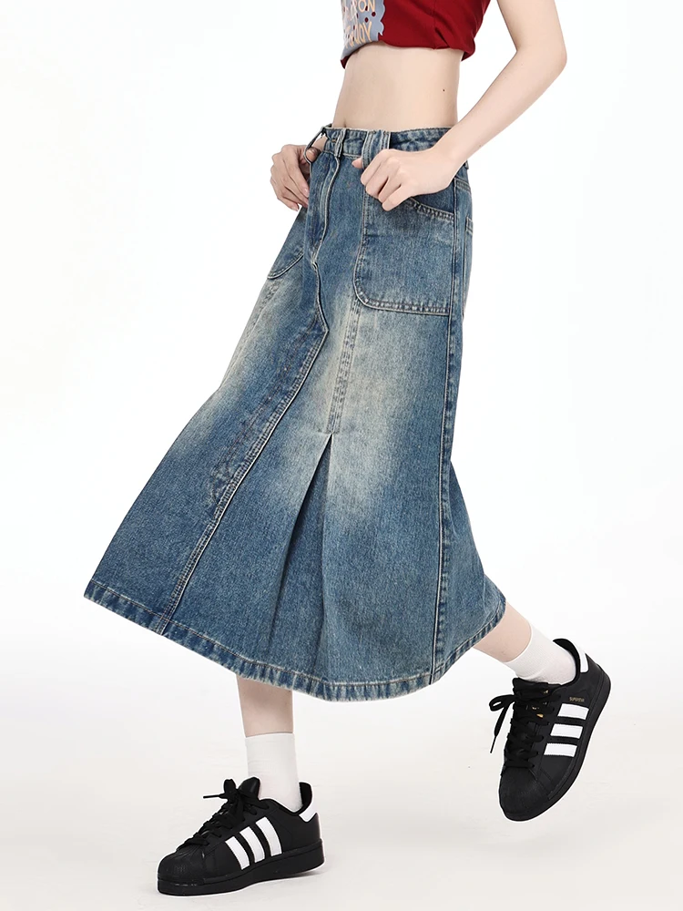 

Women Blue Denim Skirt Y2k Elegant A-Line Trumpet Skirt Harajuku Korean Vintage Fashion 90s High Waist Jean Skirts 2000s Clothes