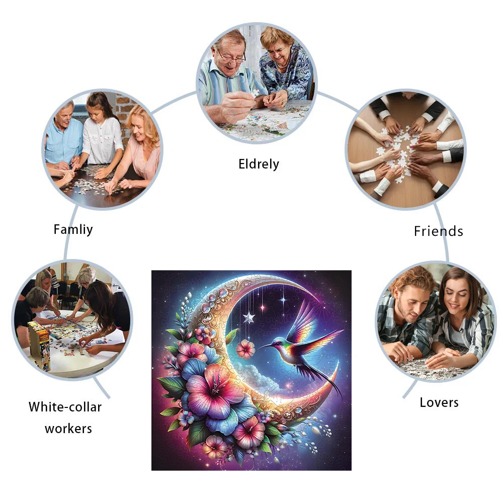 Puzzle in legno con luna e uccello, puzzle in legno a forma di animale unico e irregolare, regalo perfetto per le vacanze di compleanno, giochi per feste