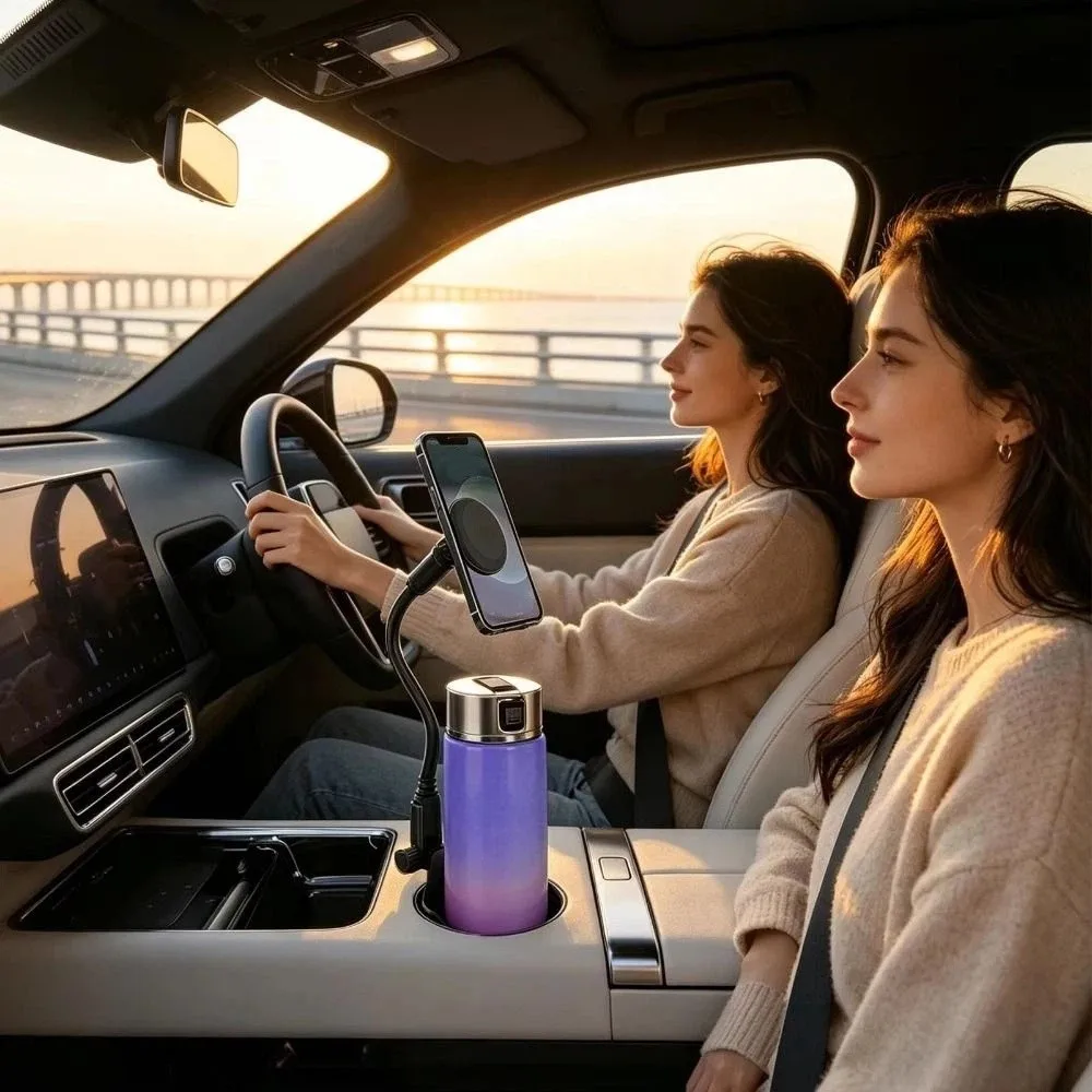 2-in-1 Magnetic Car Cup Holder 360 Degree Rotation Hands-Free Magnetic Car Phone Holder Adjustable Long Arm Strong Magnet
