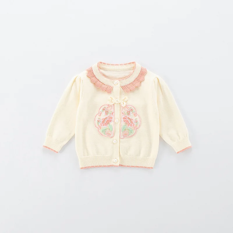 Autumn New Newborn Girls Sweater Single Breasted Lace Collar Floral Embroidery Baby Girls Cardigan Patched Infant Girls Knitwear