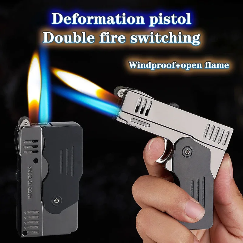 New Creative Folding Deformable Butane Gas Lighter Double Fire Switch Pistol Shape Lighter Nightlight  Funny Men's Gadgets