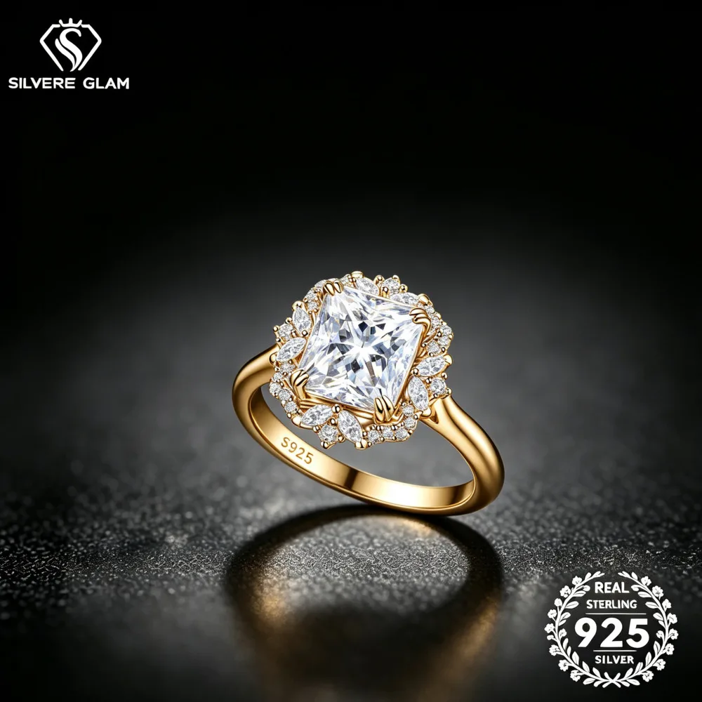 925 Sterling Silver 4CT Radiant Cut Floral Halo Ring D VVS1 Moissanite Multi Tone Romantic Wedding Fine Jewelry For Women
