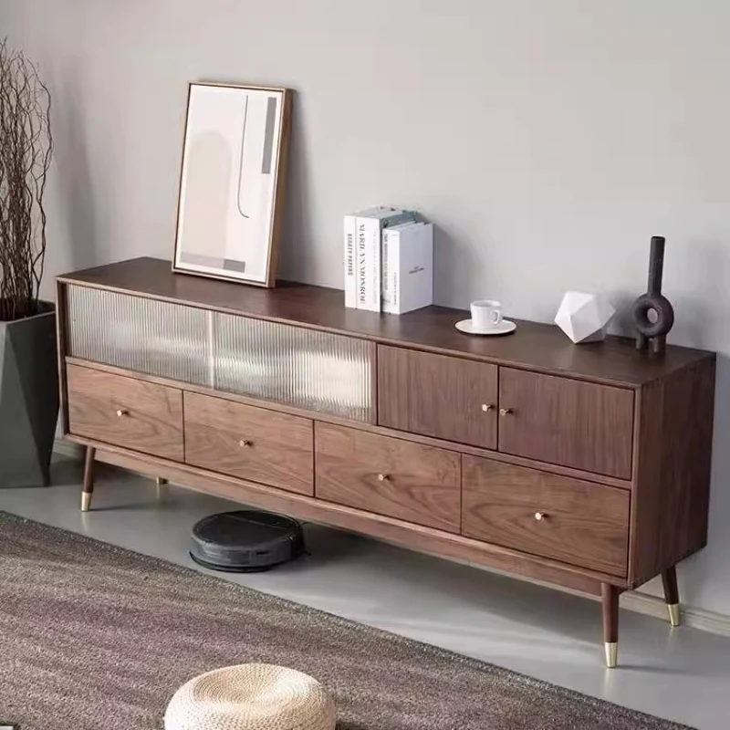 

Black walnut TV cabinet, high cabinet simple modern living room audio-visual cabinet, Nordic all solid wood glass high floor cab