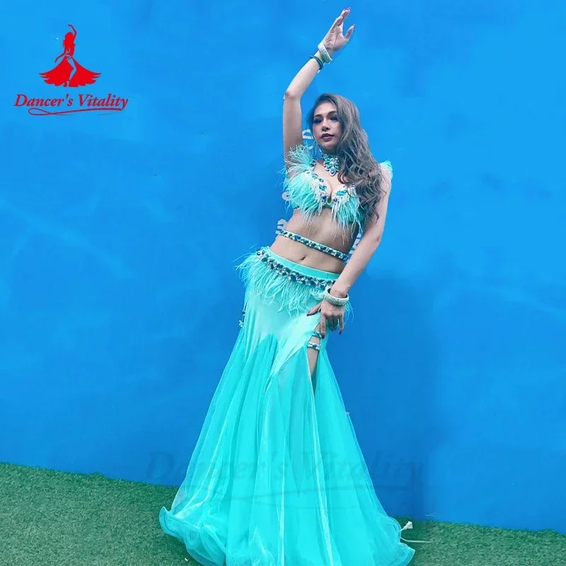 Belly Dance Suit Feather Diamond Bra Split Long Skirt Performance Clothing Set  High-end Custom Adult Child Competition Clothes