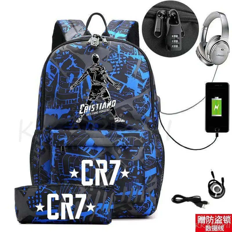 Mochila CR7 con carga USB para niños y niñas, morral escolar para ordenador portátil con cerradura antirrobo, Mochila de viaje para Mujer