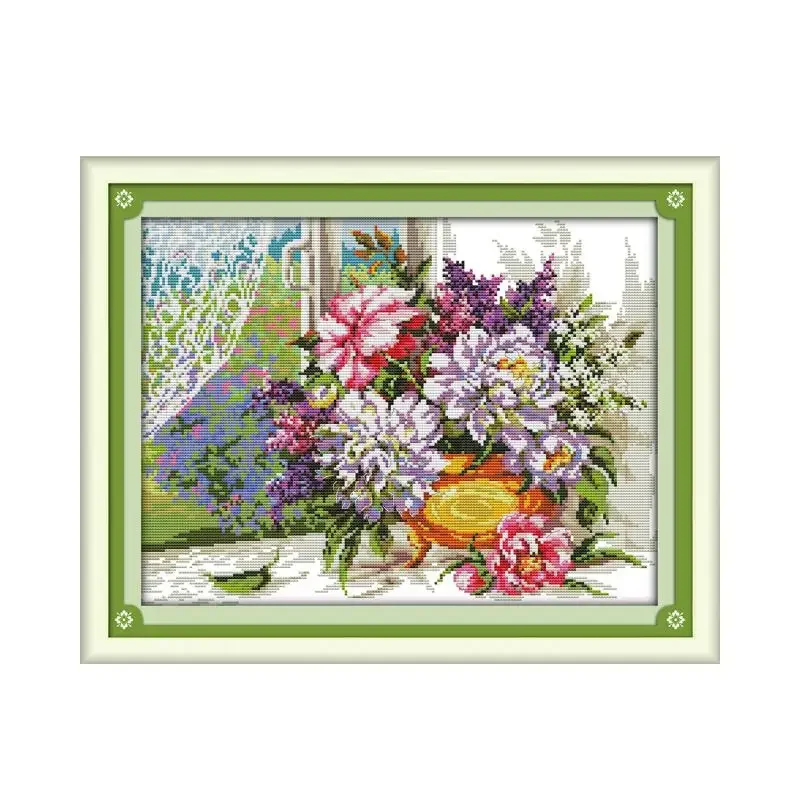 Flowers on the windowsill cross stitch kit aida 14ct 11ct count printed canvas stitches embroidery DIY handmade needlework