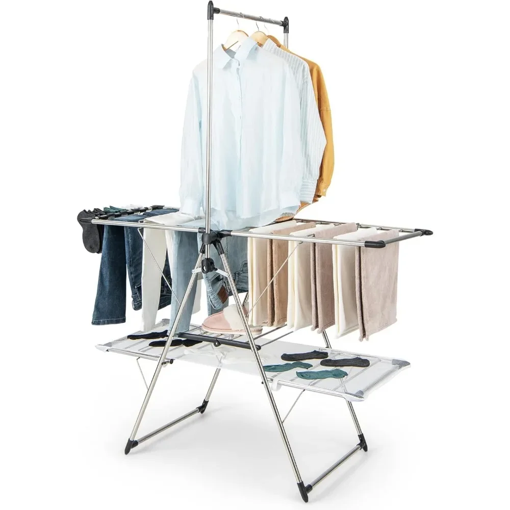 

Foldable Clothes Drying Rack, 2-Tier Laundry Drying Rack Hanging Bar, Height Adjustable Gullwing, Freestanding Garment Stand