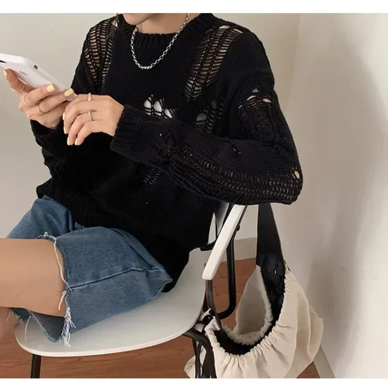 

Sexy Avant-garde Punk Style Ripped Hole Loose Design Hollow Long-sleeved Knitted Sweater Women's Top Outer Wear Pullover Sweater