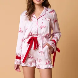 Fashion Y2K Pink Bow Pajama Sets for Women 2 Piece Shorts Cute Short Sleeve Matching Lounge Shirts Sets Santa Claus Pajamas